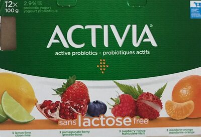 Probiotic yogurt 2.9% lactose free 3 each of Lemon-lime, Pomegranate-berry, Raspberry-lychee, Mandarin-orange