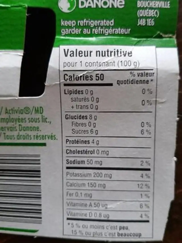 yogourt activia nutrition facts table