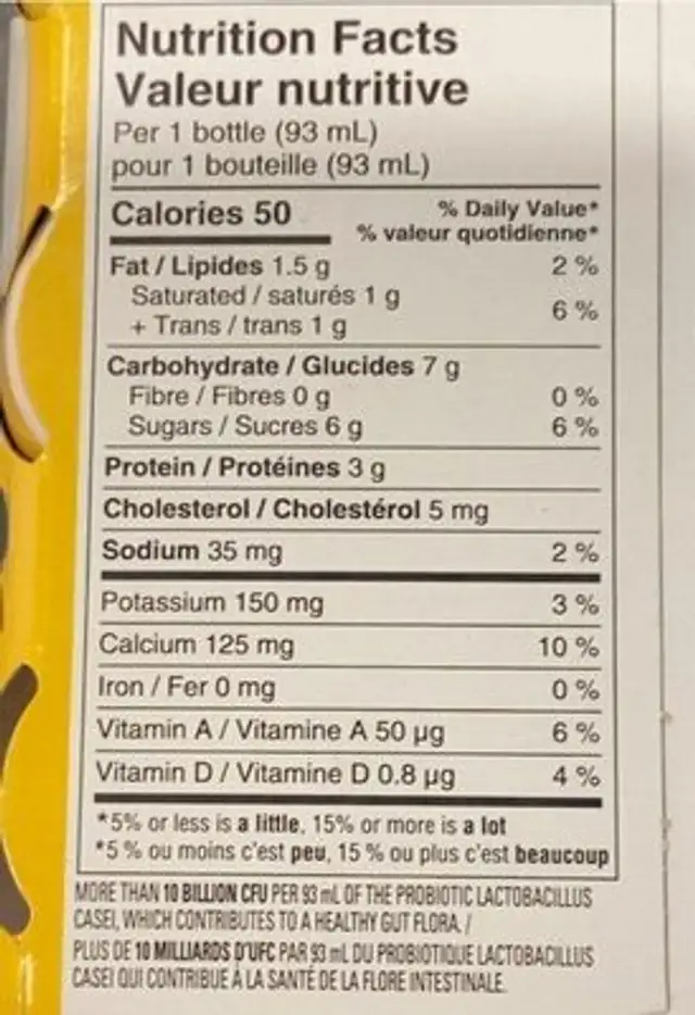 DanActive 40% moins de sucre nutrition facts table