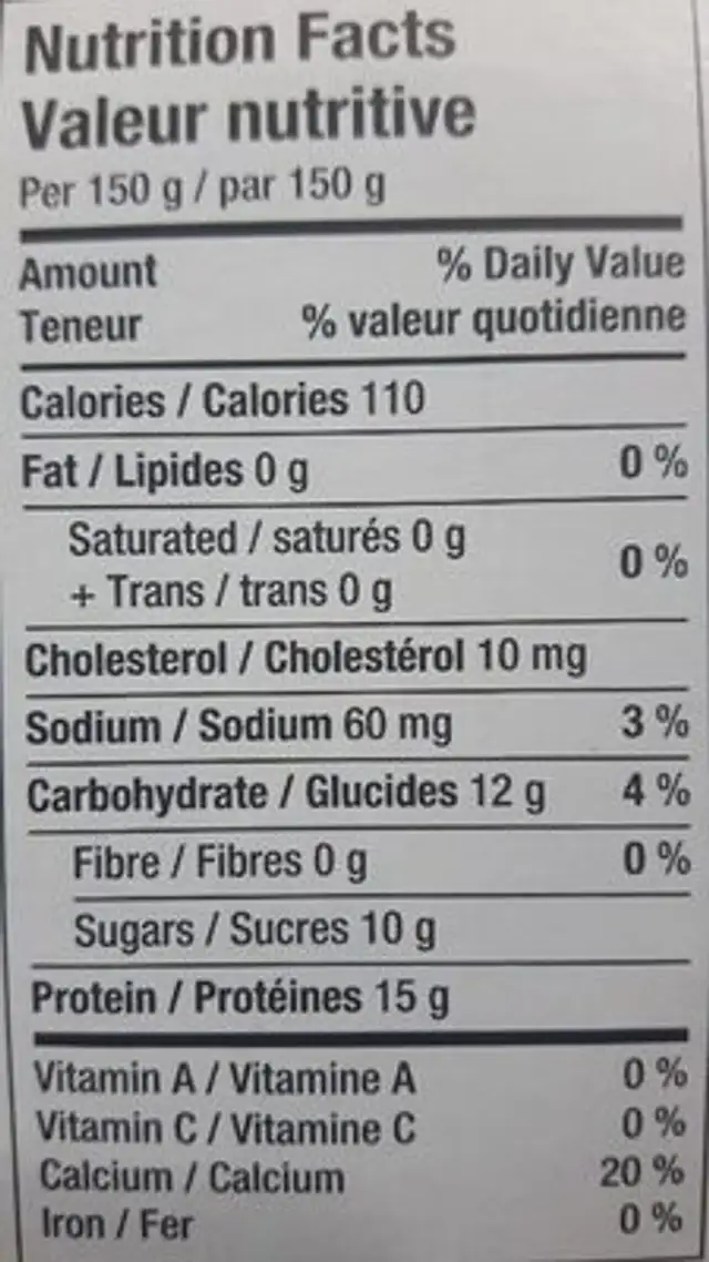 YoPro nutrition facts table