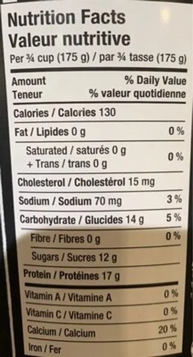 Yopro nutrition facts table