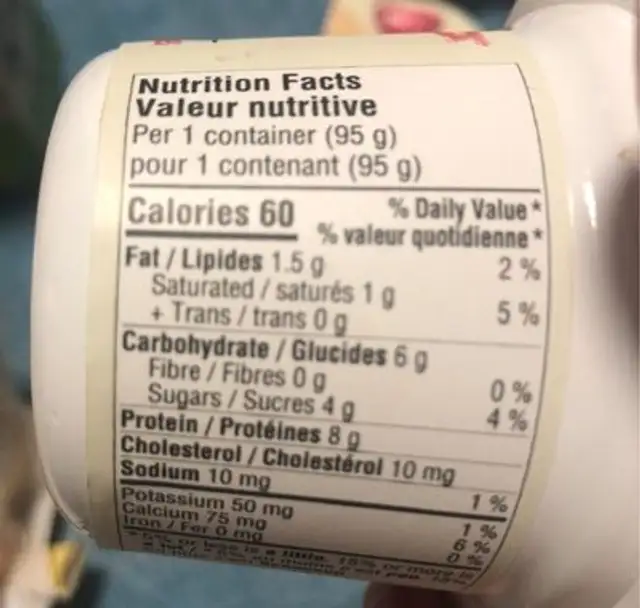 Light and free nutrition facts table