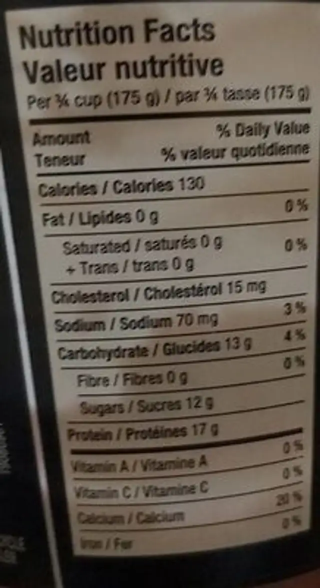 YoPRO cerises nutrition facts table