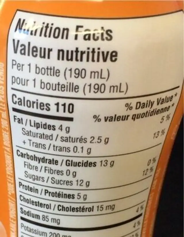 Danone GO! nutrition facts table