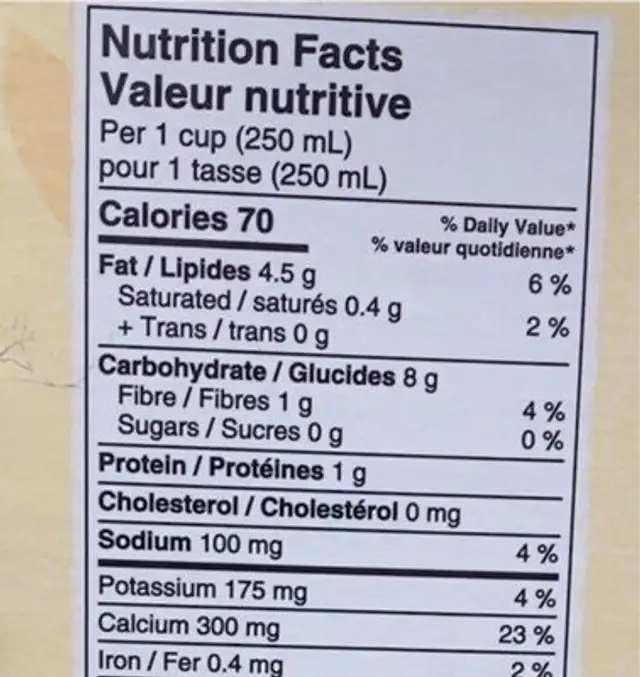 Oat milk nutrition facts table