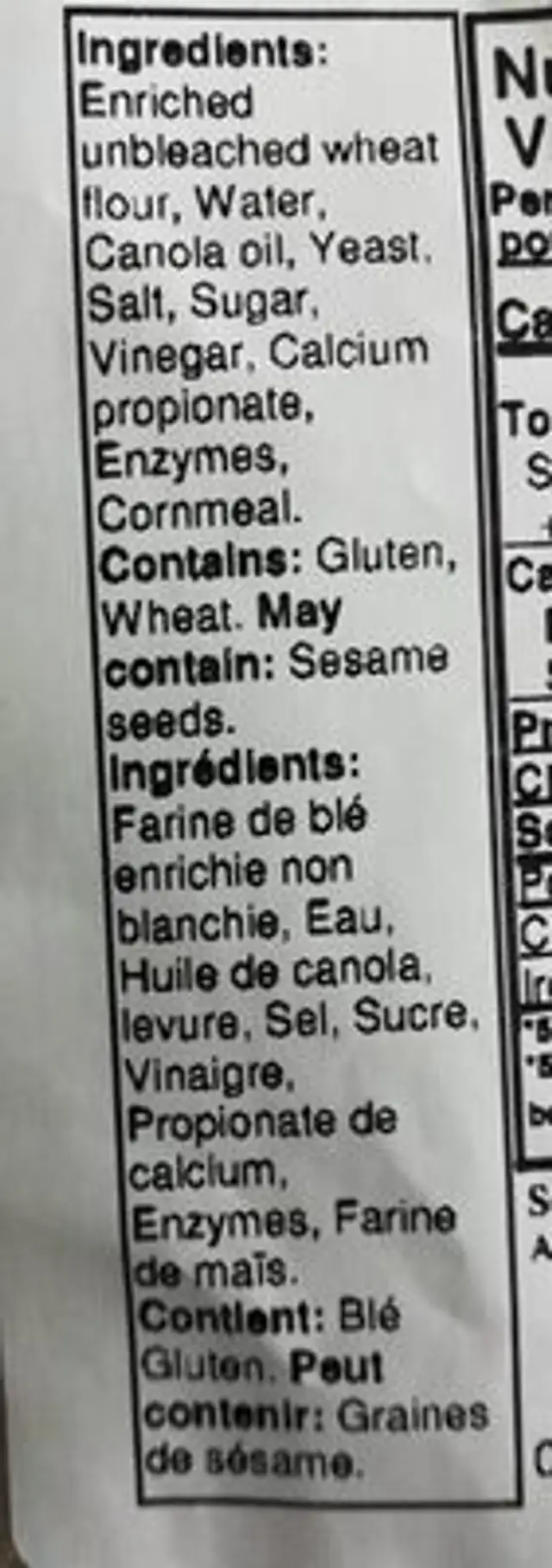 French Bread nutrition facts table