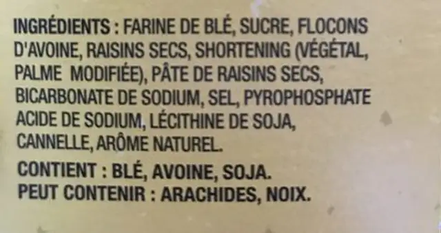 Dads Biscuit Farine Avoine Raisin ingredients label