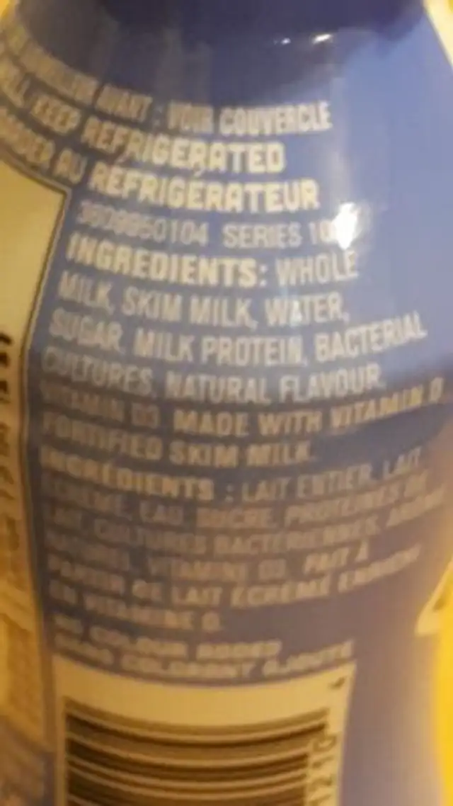 Yop blueberry ingredients label