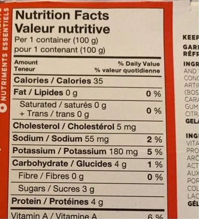 Source nutrition facts table