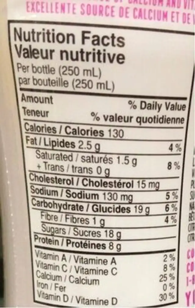 Yop smoothie nutrition facts table