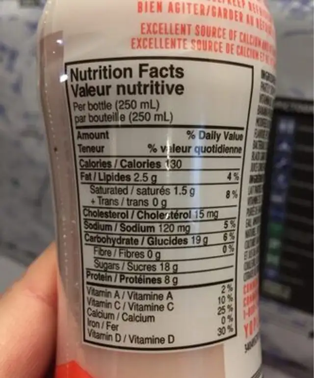 Yop nutrition facts table