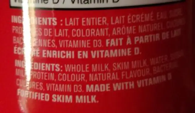 Yop ingredients label