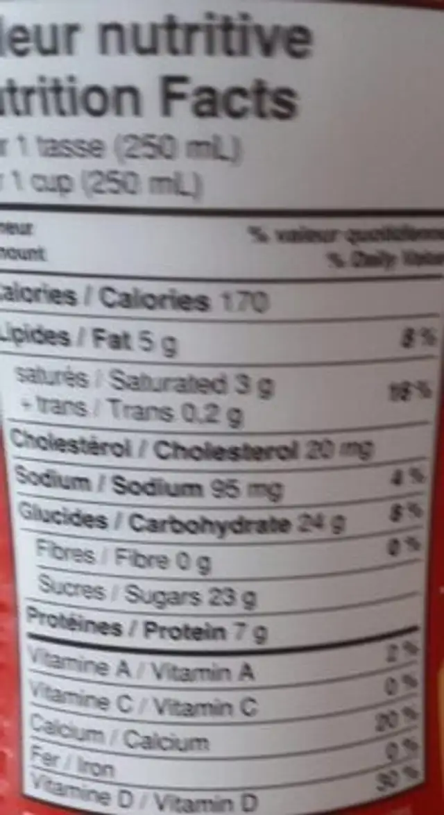 Yop nutrition facts table