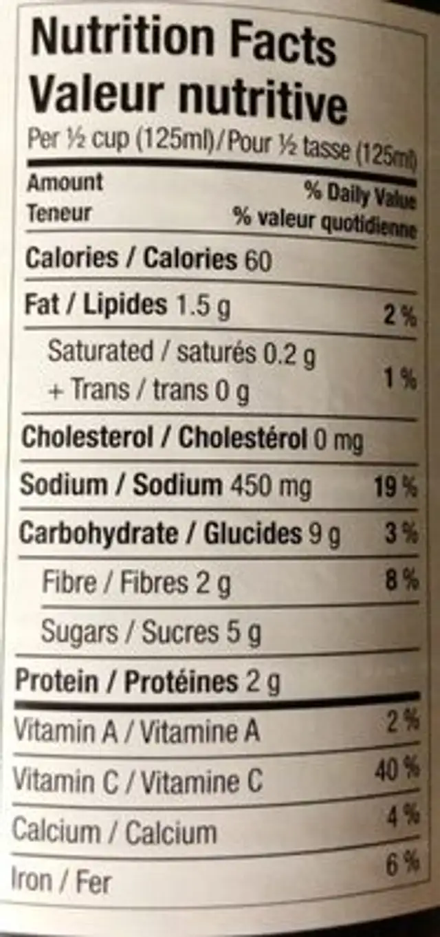 Basil Tomato Bliss nutrition facts table