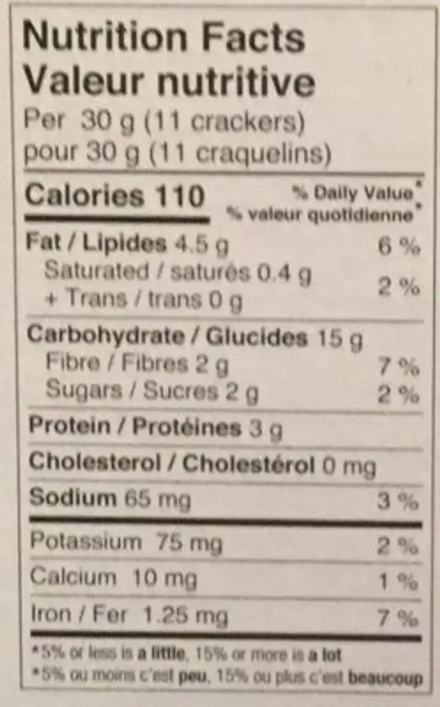 Craquelins au quinoa nutrition facts table