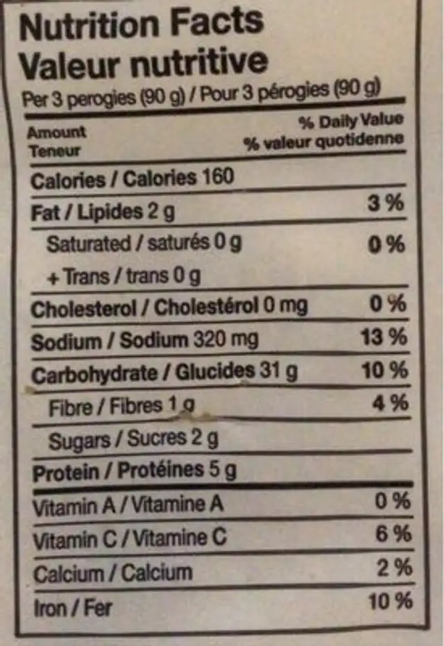 Pierogies nutrition facts table