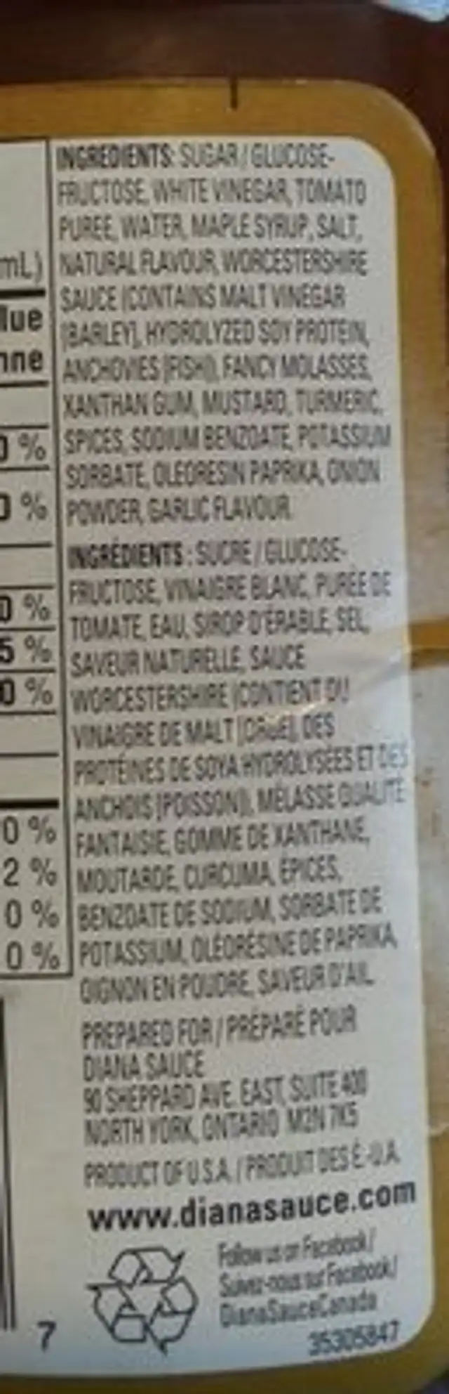 Sauce BBQ (érable) ingredients label