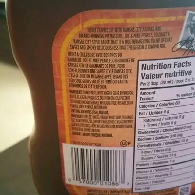 Heinz Kansas City barbecue sauce ingredients label