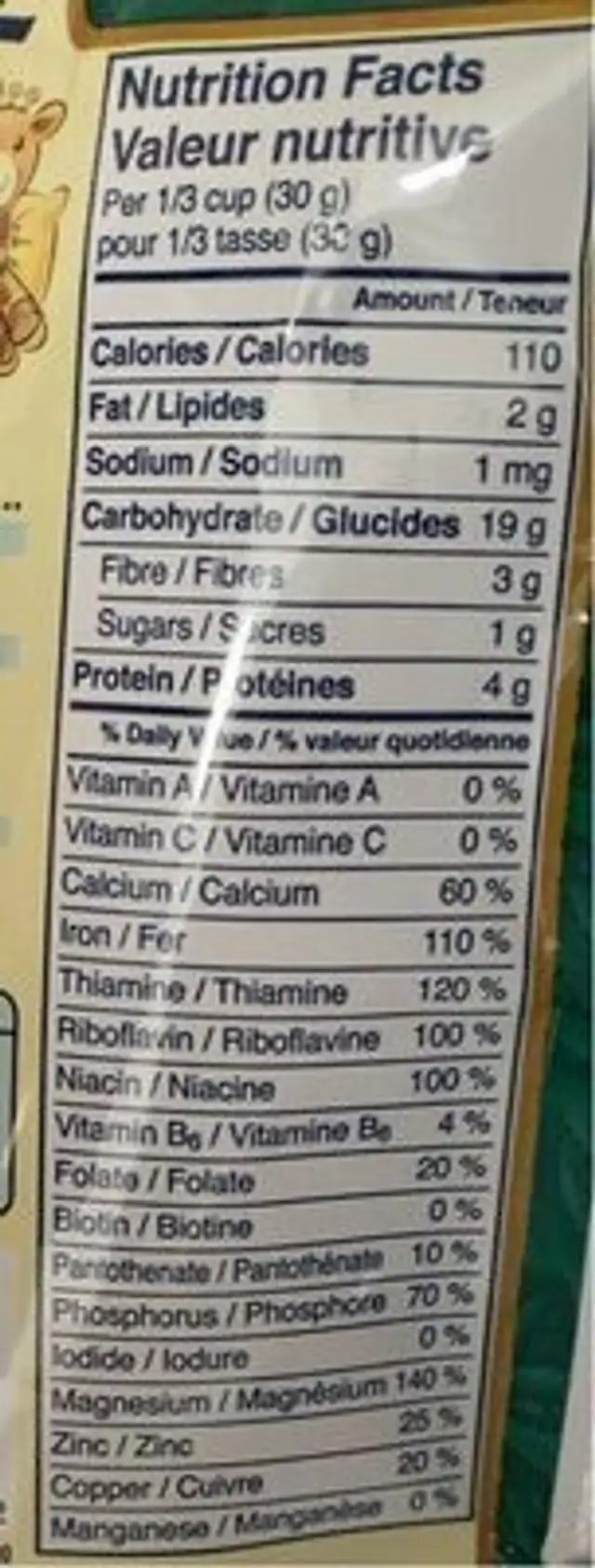 Céréales (avoine) nutrition facts table