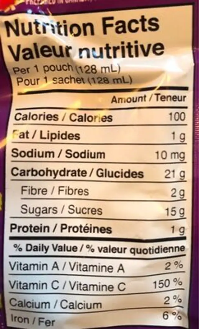 Compote Bananes riz brun et quinoa nutrition facts table