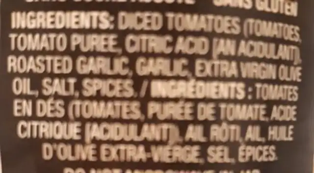 Sauce tomate ail rôti ingredients label