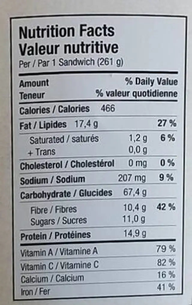 Sandwich vegetalien nutrition facts table
