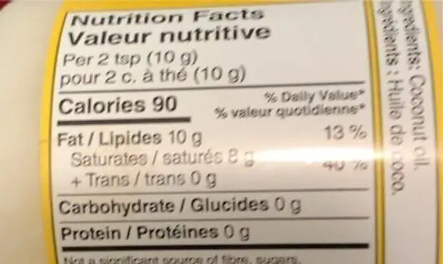 Huile dw coco nutrition facts table