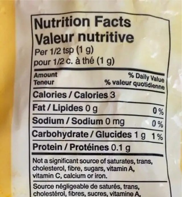 Curcuma moulu nutrition facts table