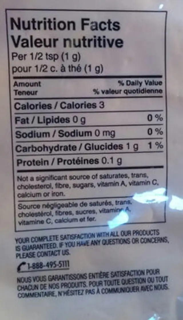 Unknown nutrition facts table