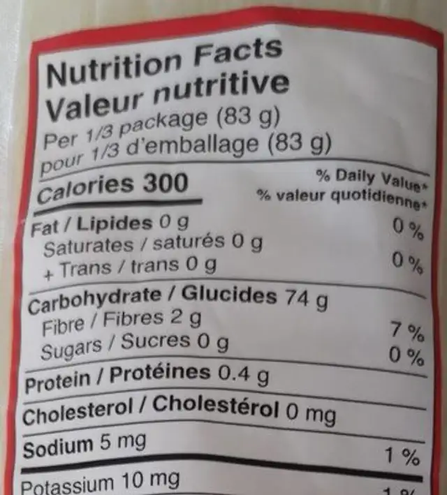 Vermicelles nutrition facts table