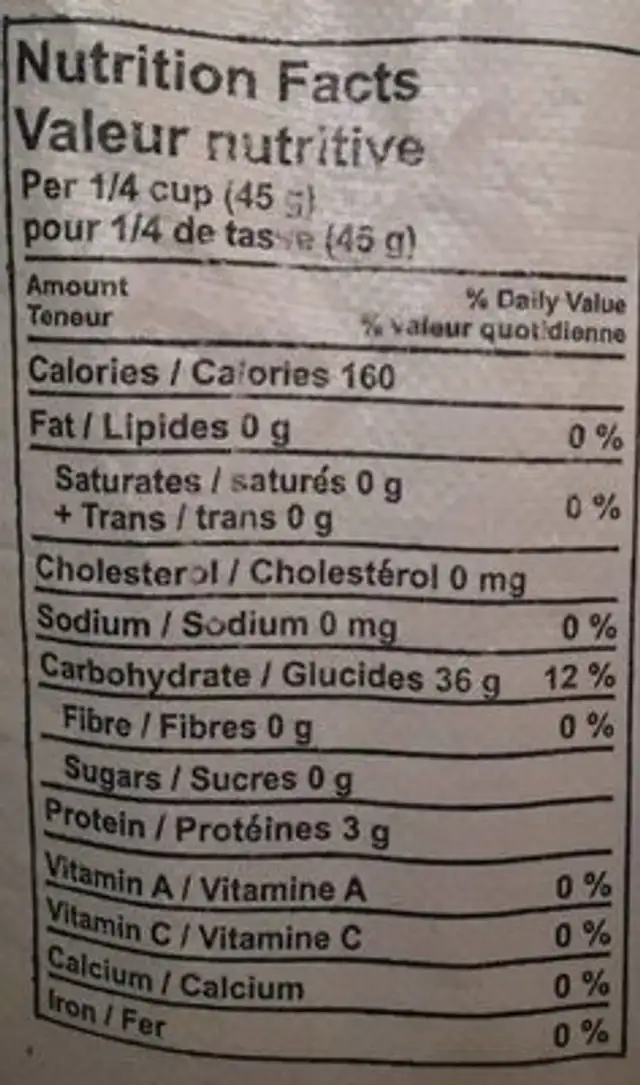 Scented jasmine rice nutrition facts table