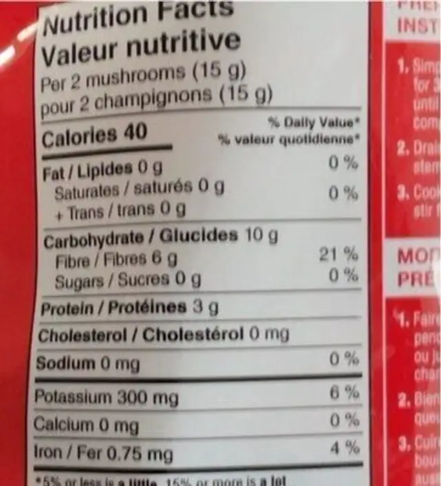 Dried Shiitake Mushrooms nutrition facts table