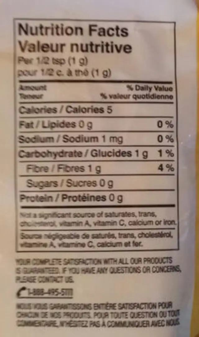Unknown nutrition facts table