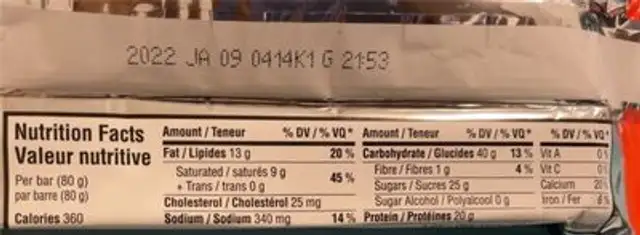 Whey protein bar peanut butter chocolate nutrition facts table