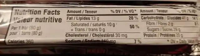 Whey protein bar nutrition facts table