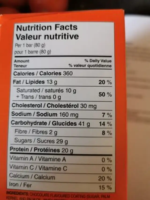 whey protein bar nutrition facts table