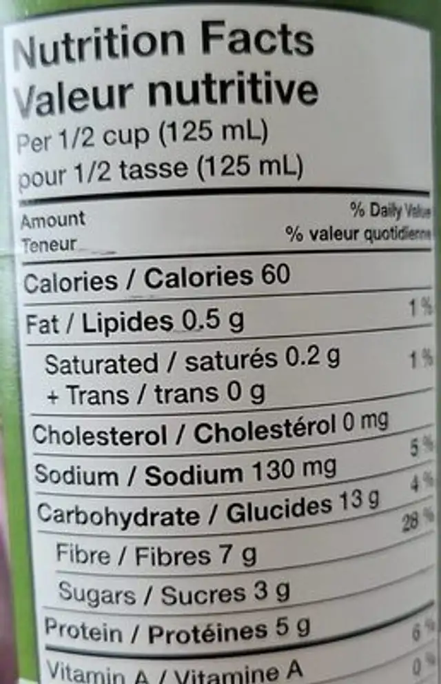 Assorted peas nutrition facts table