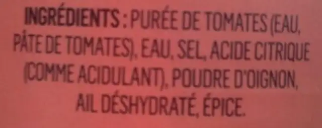 Sauce aux tomates ingredients label