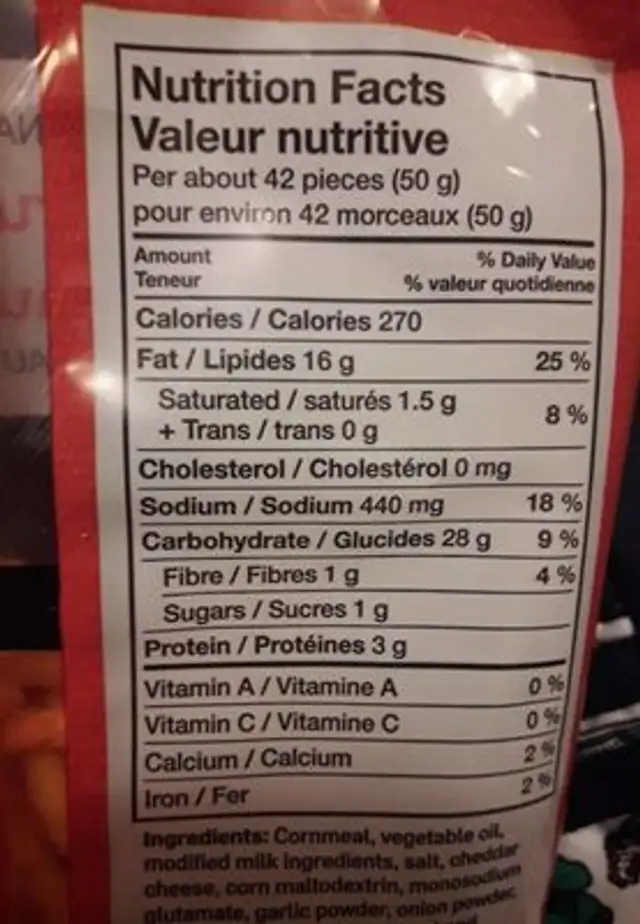 Cruncheez au fromage nutrition facts table
