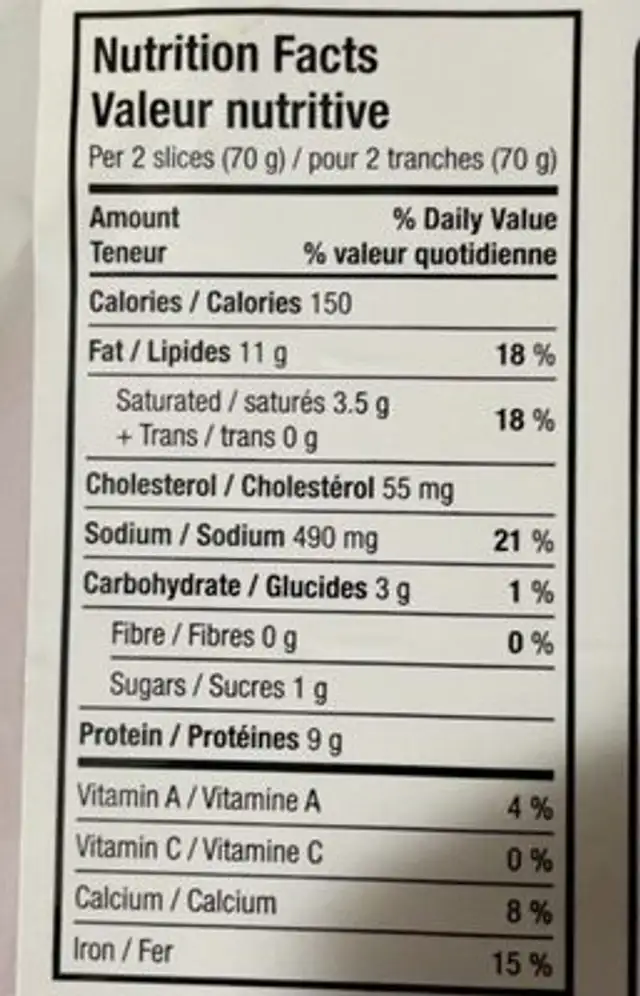 Sliced bologna nutrition facts table