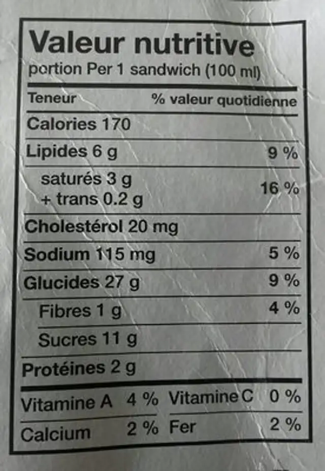 Sandwiches crème glacée vanille nutrition facts table