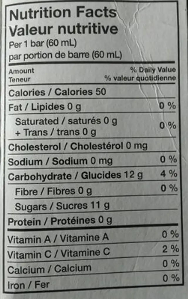 Barres au jus de fruits nutrition facts table