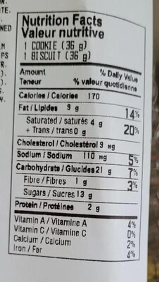 Chocolate chip pecan cookies nutrition facts table