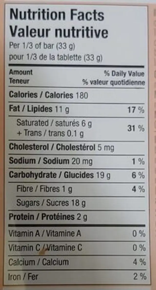 Swiss Milk Chocolate (Hazelnut) nutrition facts table