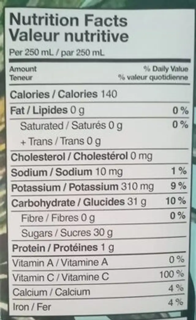 Pineapple Juice nutrition facts table