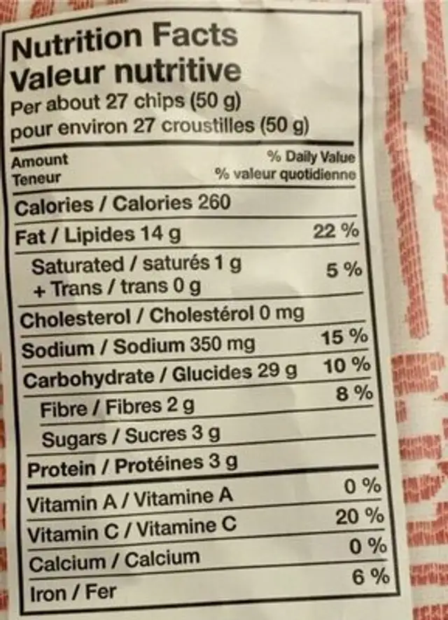 Ketchup chips nutrition facts table