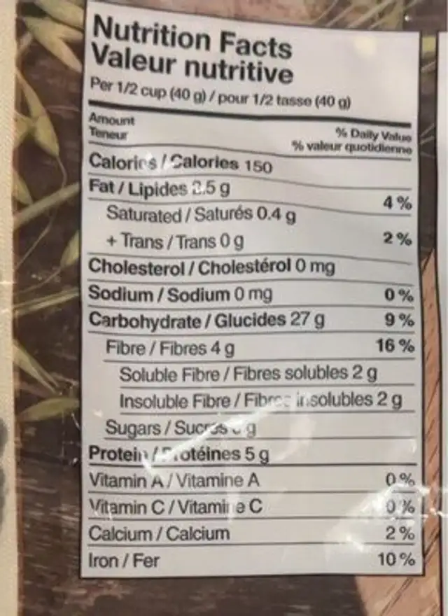 Quick Oats nutrition facts table