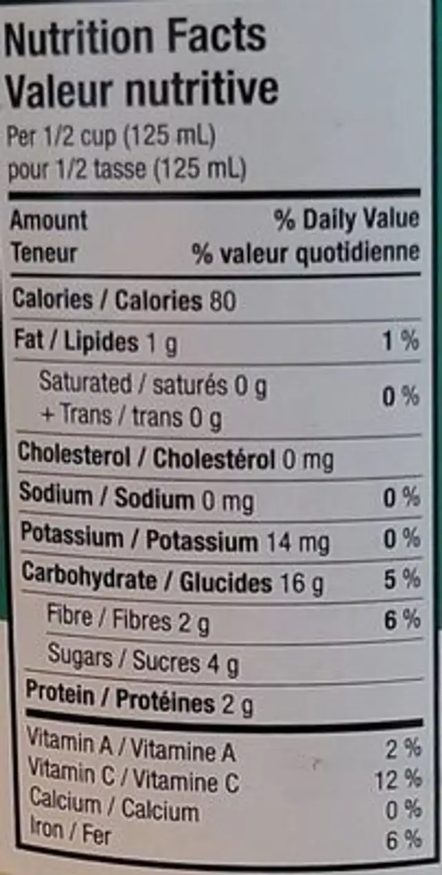 Corn Super Sweet nutrition facts table