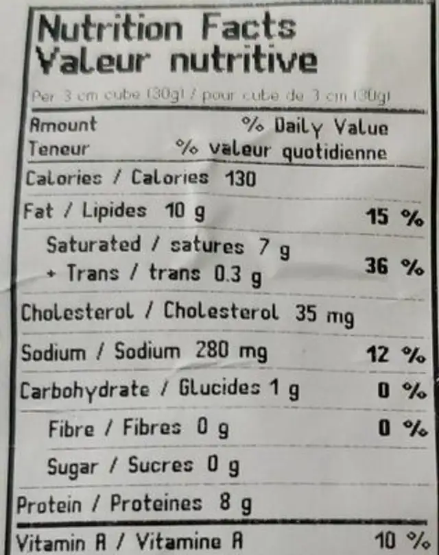Parmesan nutrition facts table