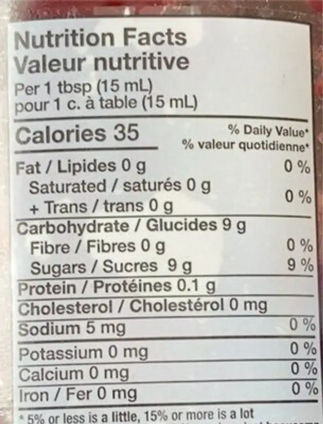 Raspberry Fruit Spread nutrition facts table